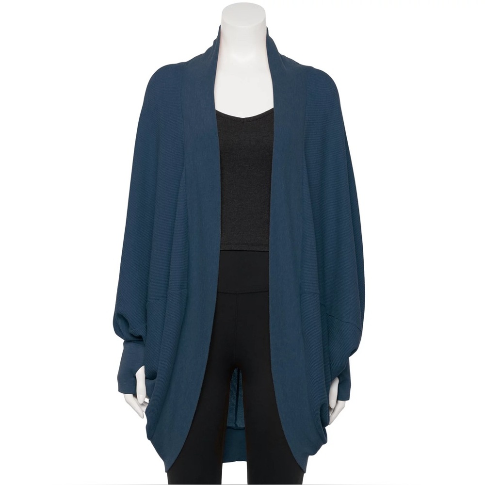 SO Navy Blue Cocoon Waffle Open Sweater Cardigan With Dolman Sleeves - Medium
